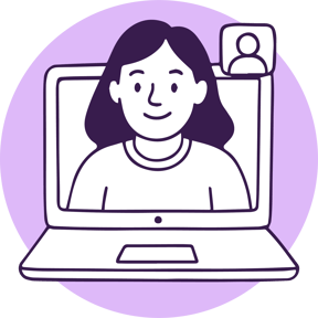 webinar: Dame i laptop med person i lite vindu